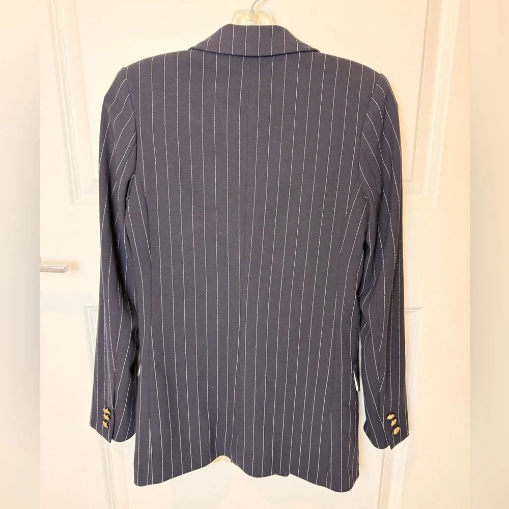 H&M Double-Breasted Pinstripe Blazer Navy Blue Gold Button Jacket Size 0 - Picture 9 of 11